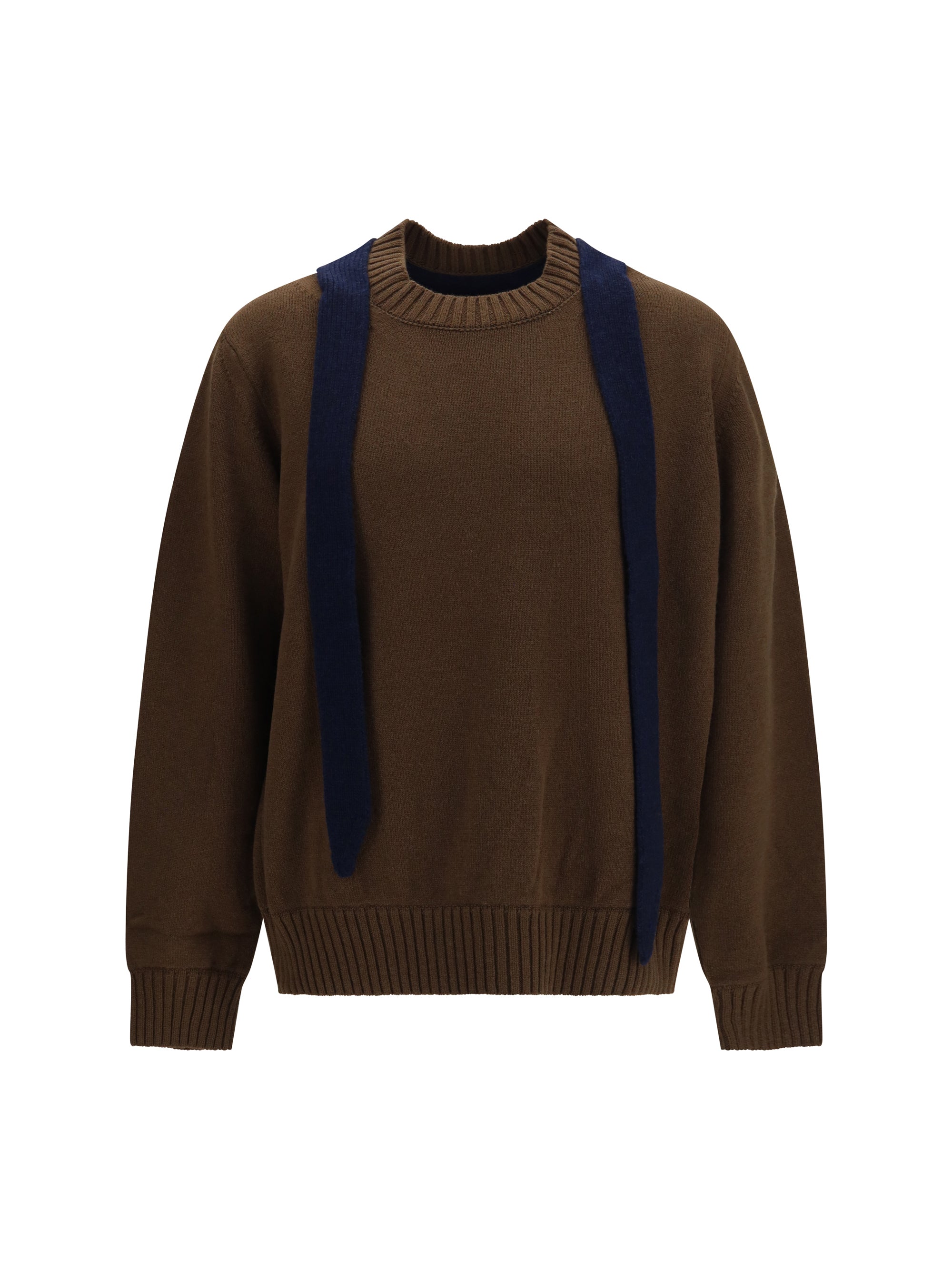 Wool Knit with Integrated Scarf Cardigan — Brown