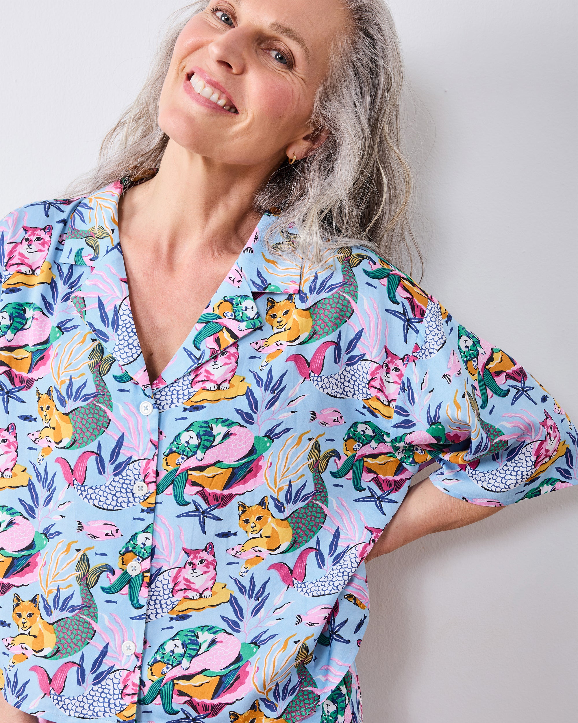 Hello Summer Sale Exclusive Eco Silky Short Sleeve and Pants Pajama Set in Meowing Mermaids | Women's XL | Blue | Summer Sleepwear