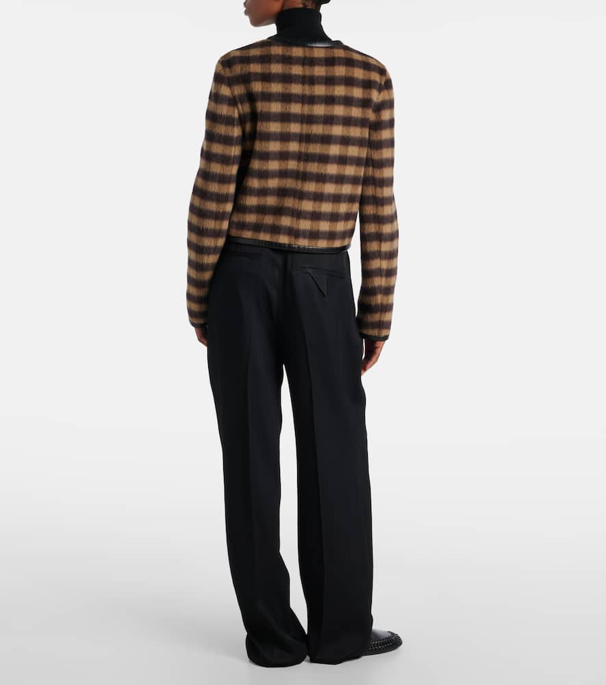 Checked leather-trimmed wool-blend jacket