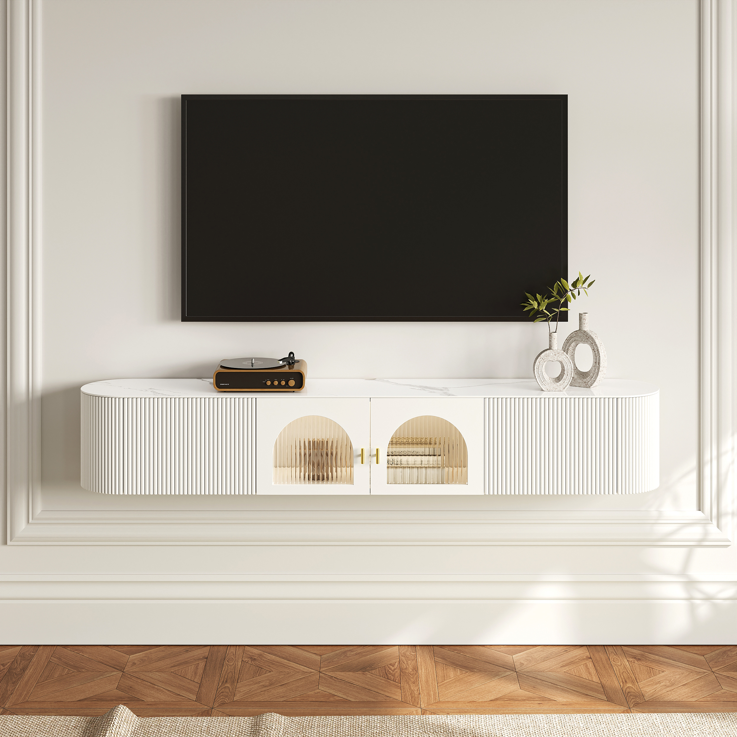 Modern White Floating Media Console Wall-Mounted TV Stand with Storage Sintered Stone Top for 1800 TV