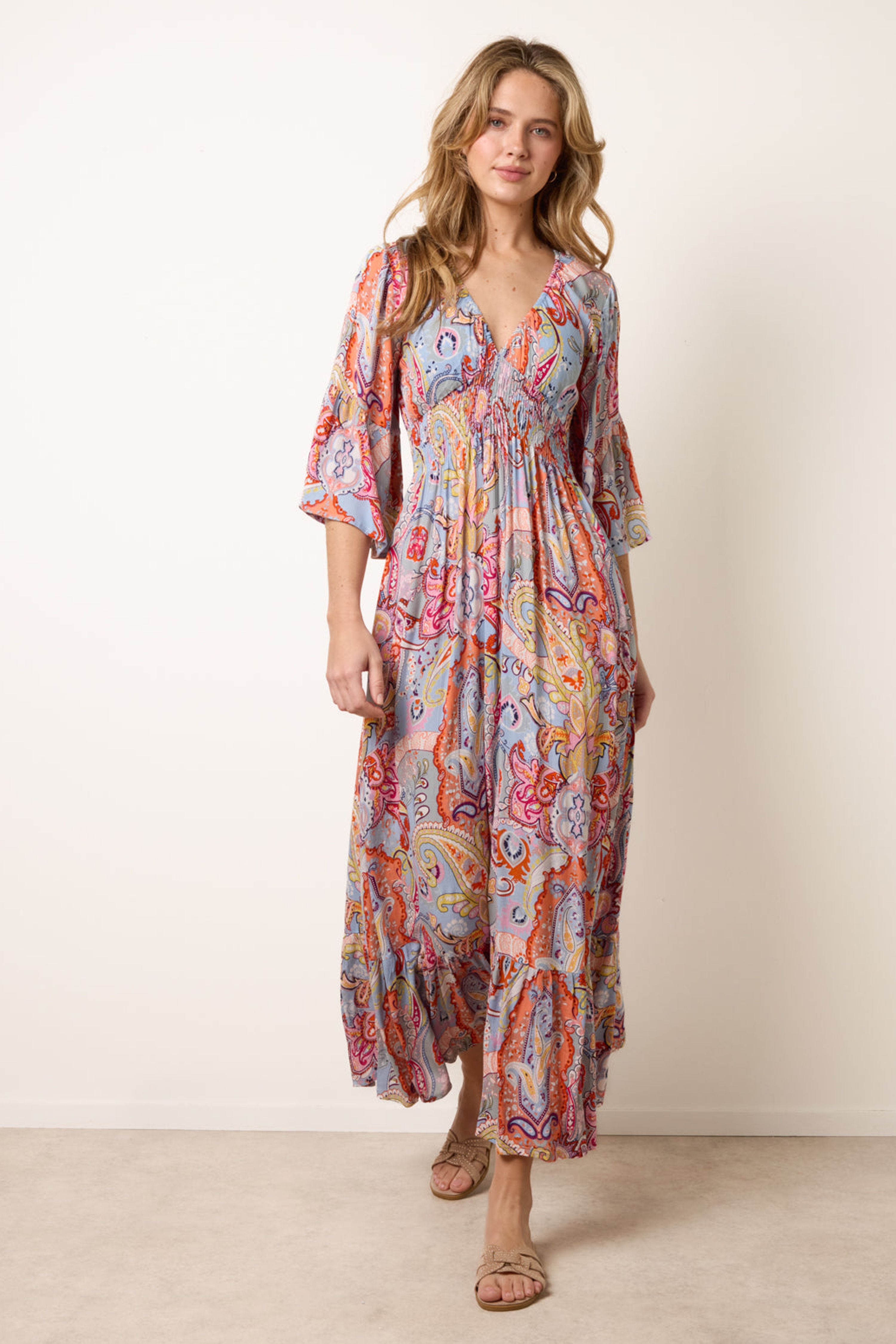 Blue Vanilla Women's Shirred Waist Multi Long Sleeve V-neck Maxi Dress | : Large
