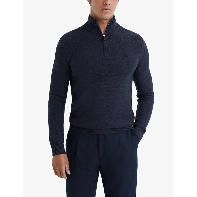 Mens Navy Tempo Half-zip Slim-fit Wool Jumper L