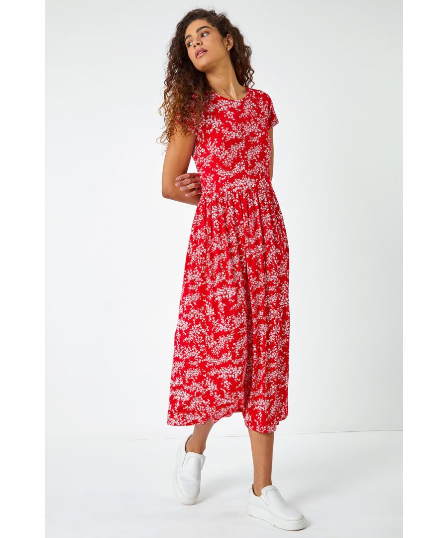Roman Womens Ditsy Gathered Skirt Stretch Midi Dress - Red