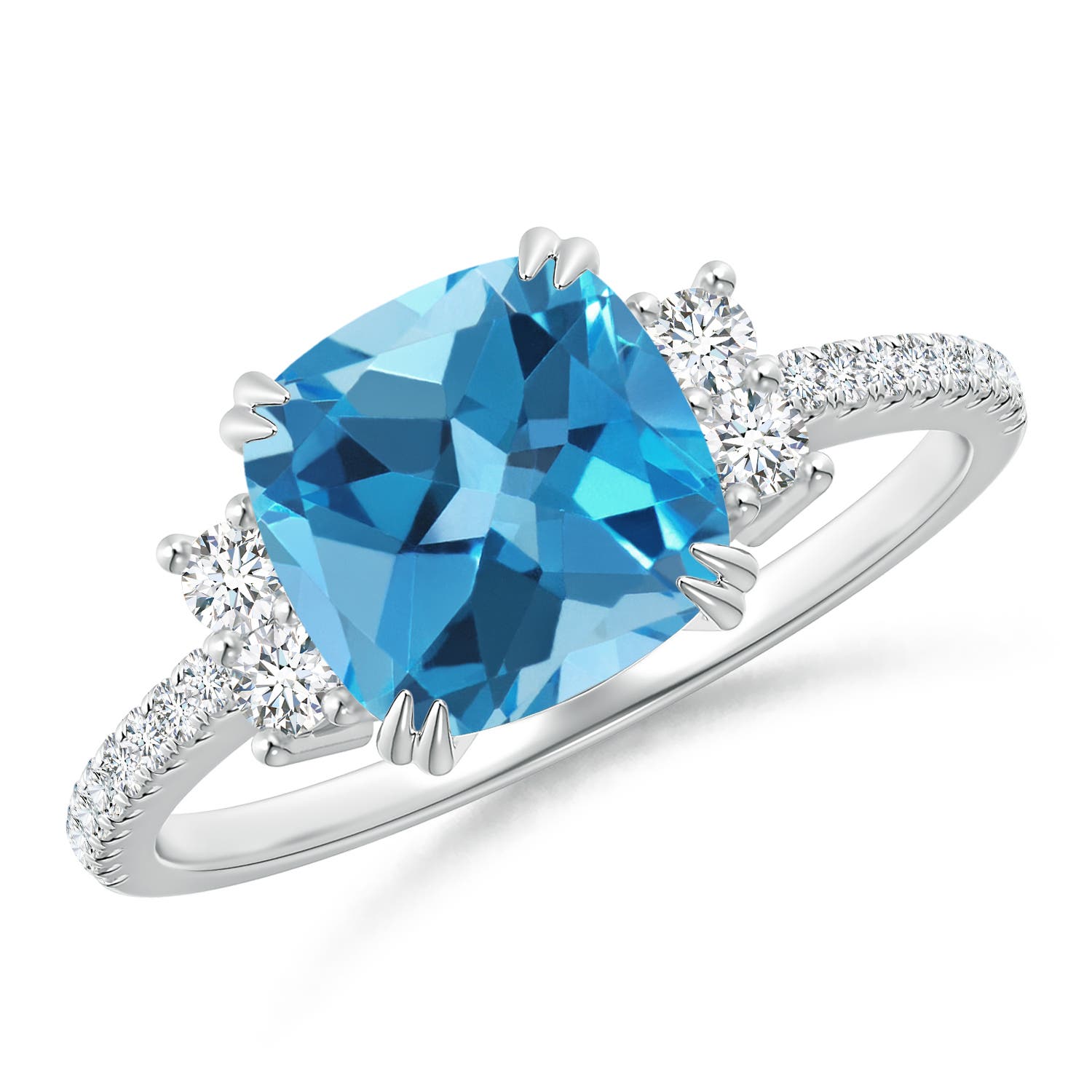 Angara 2.5 Carats Double Claw-Set Cushion Swiss Blue Topaz Ring in Platinum