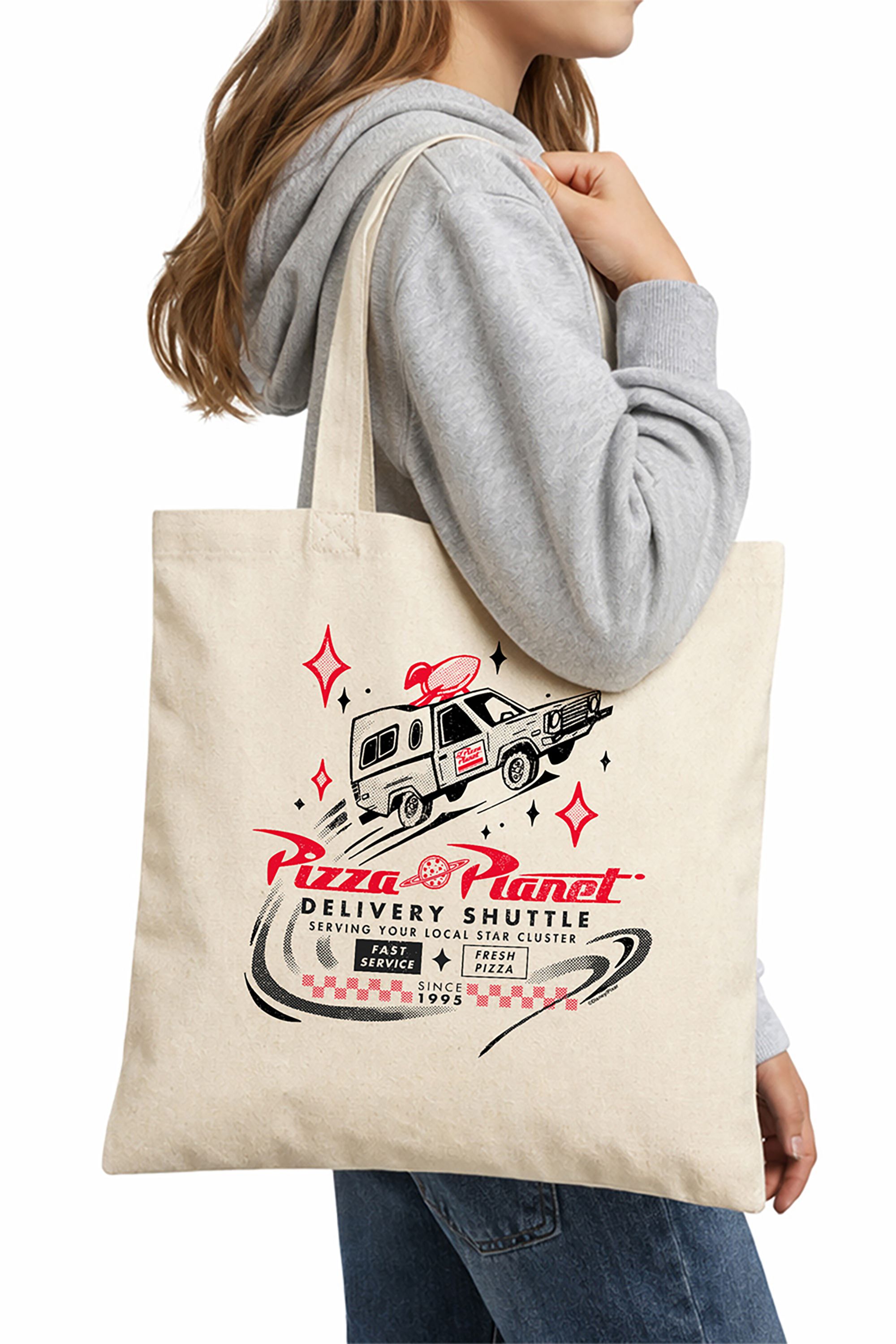 Disney Unisex Toy Story Pizza Planet Delivery Travel Reusable Tote Bag, Natural in Beige