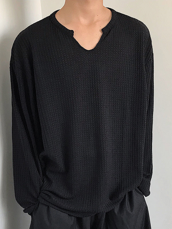 Mens Casual V-neck Pullover Long-sleeved T-Shirts SKUH76207 - Grey / S