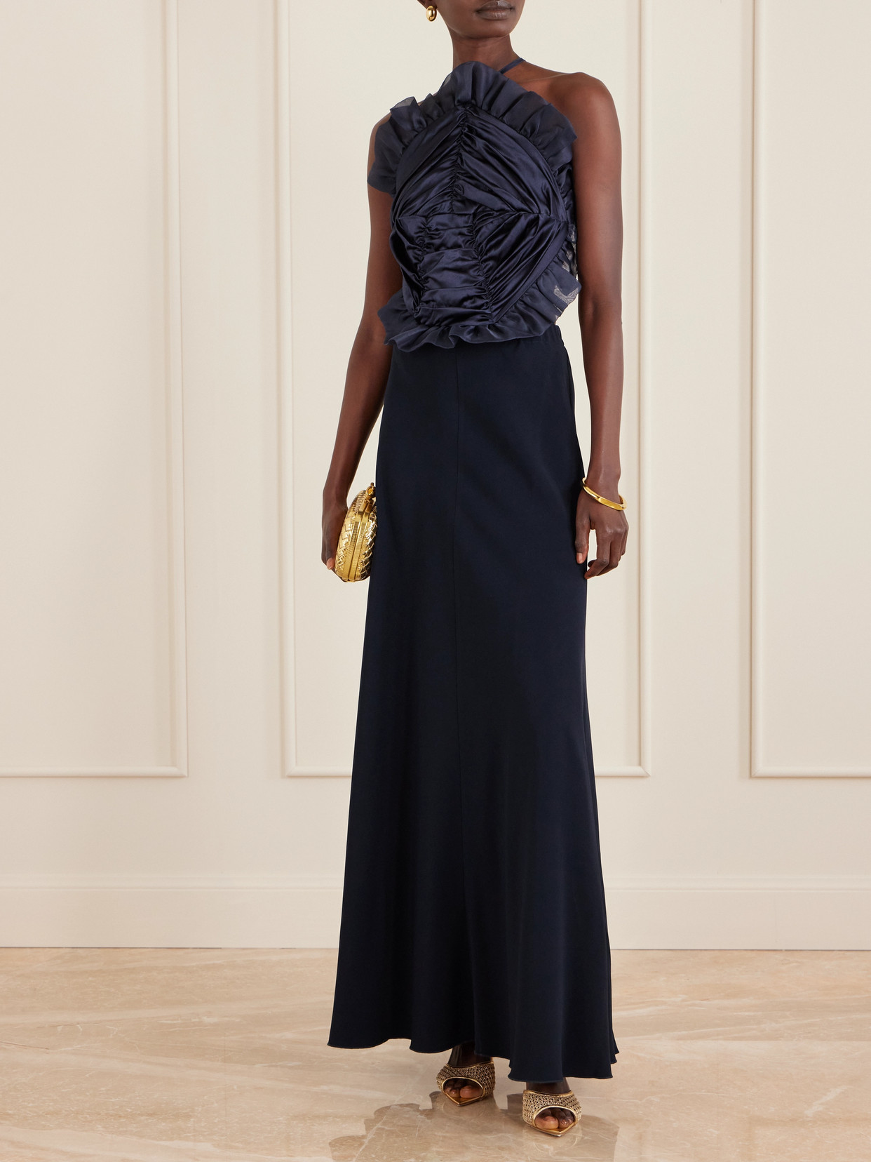 Open-back Ruched Ruffled Organza-trimmed Silk-satin Halterneck Gown - Blue