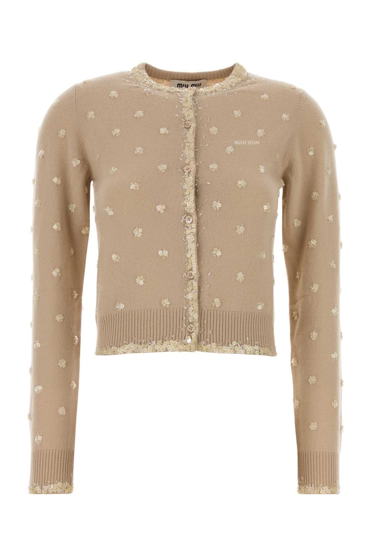 Embroidered Cashmere Cardigan — Beige
