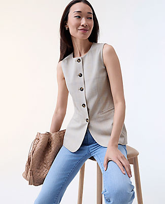 Ann Taylor The Petite Long Crew Neck Vest in Plaid