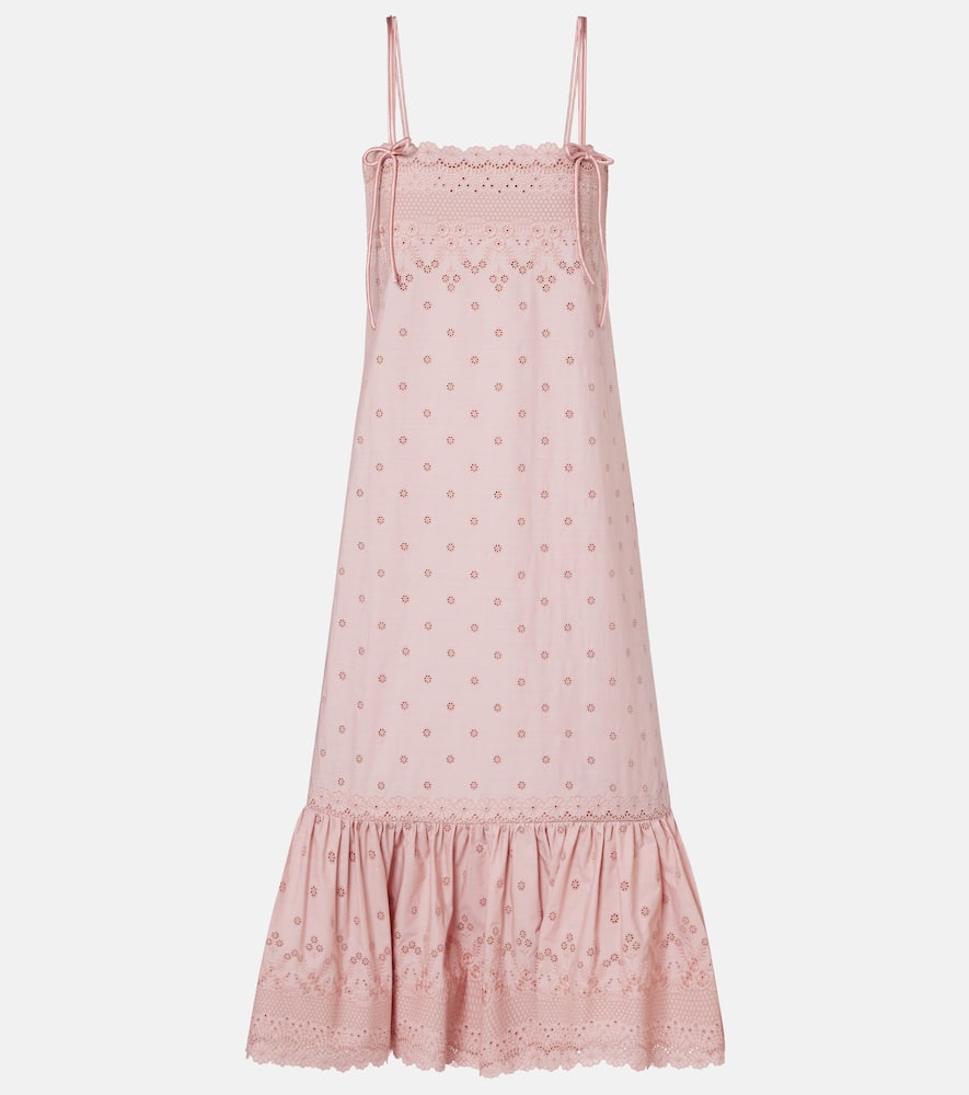 Broderie anglaise silk-trimmed cotton midi dress