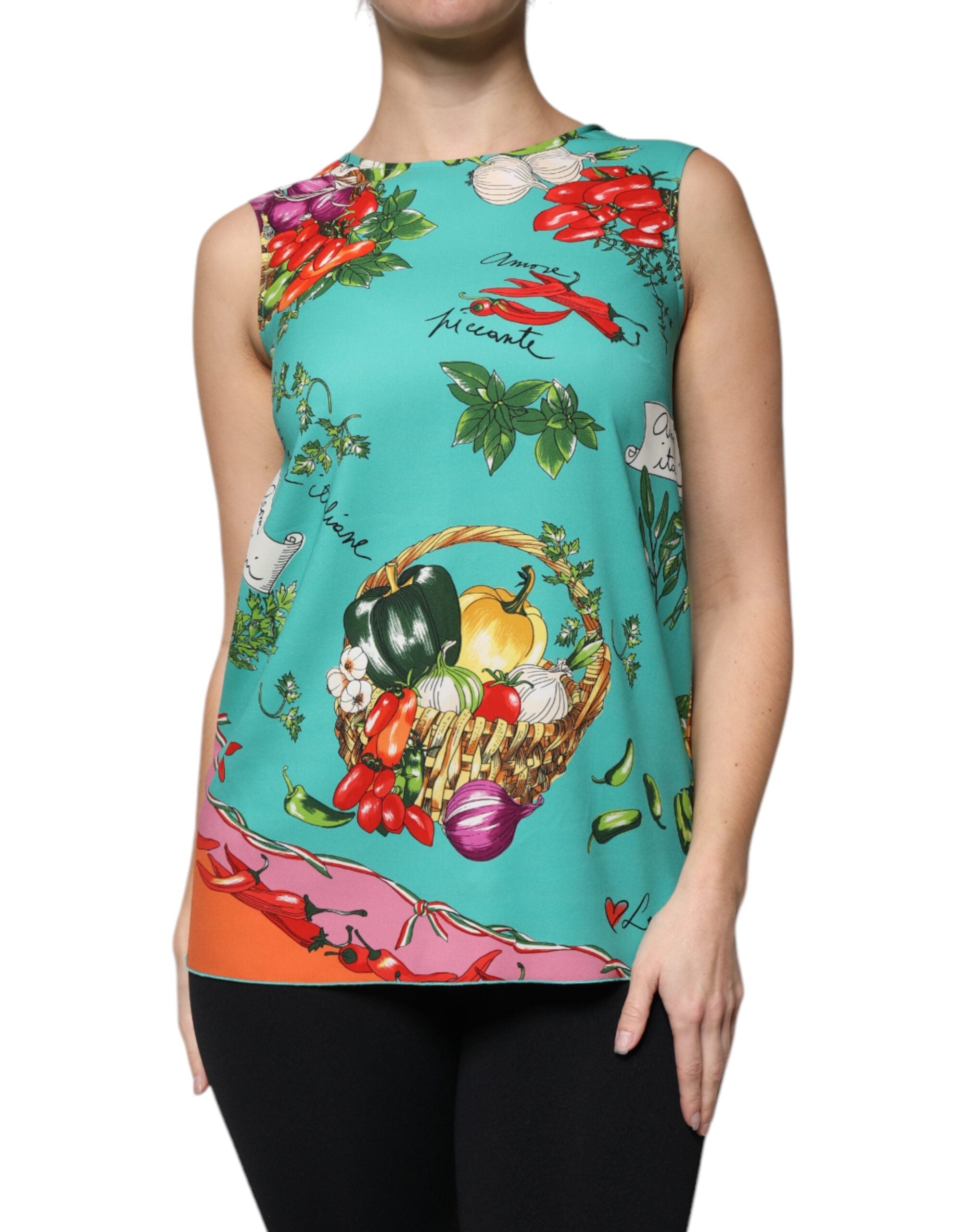 Vegetable-Print Silk Tank Top — Turquoise