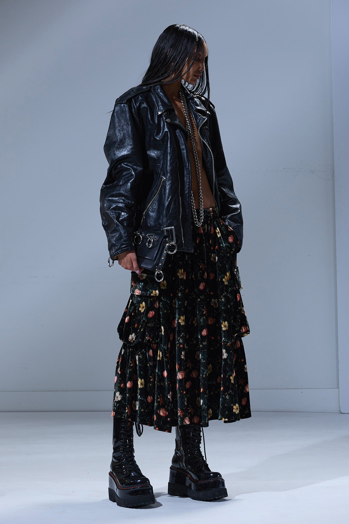 R13 Gathered Cargo Skirt - Multifloral Black