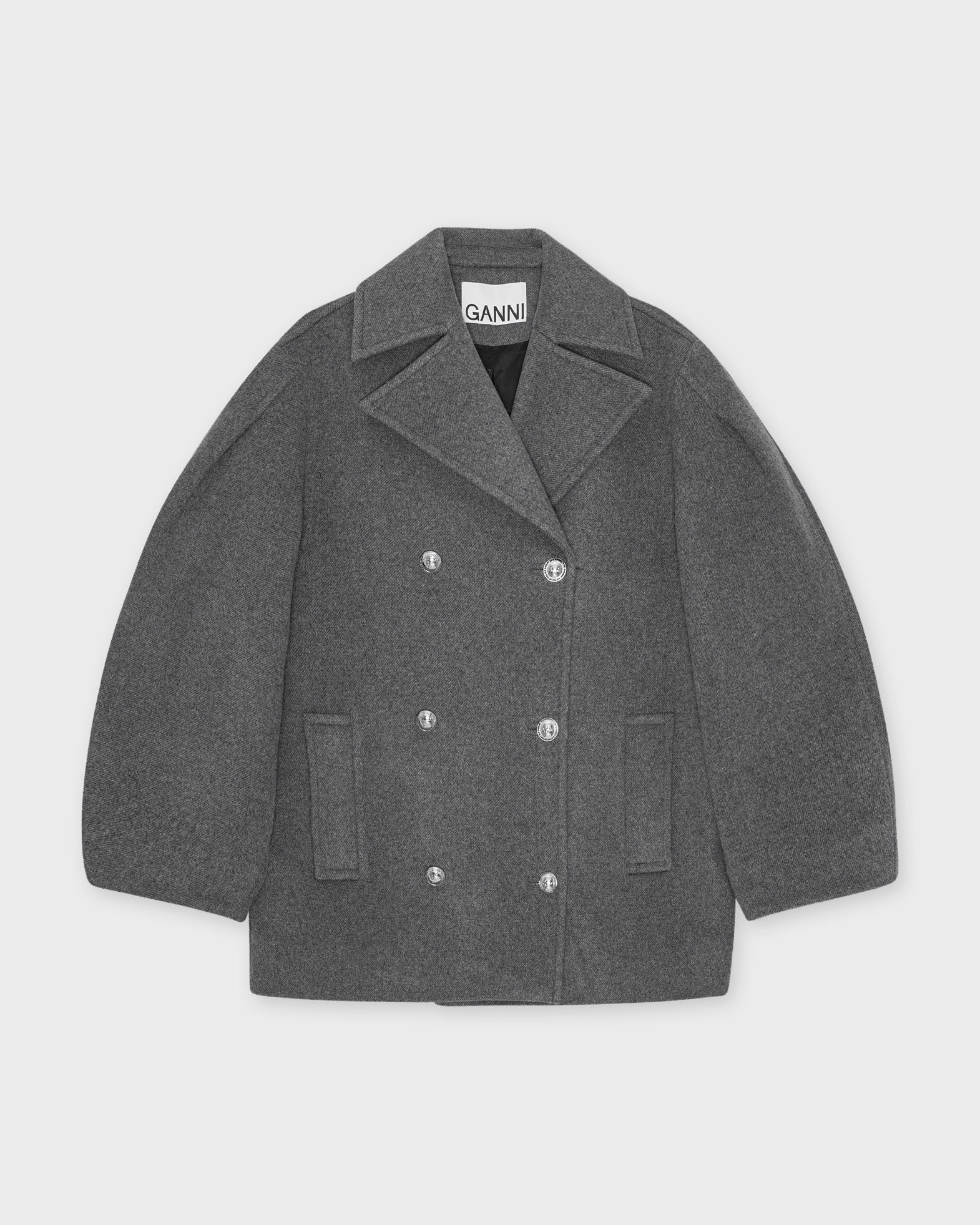 Ganni Coat Peacoat Wool Midi Grey