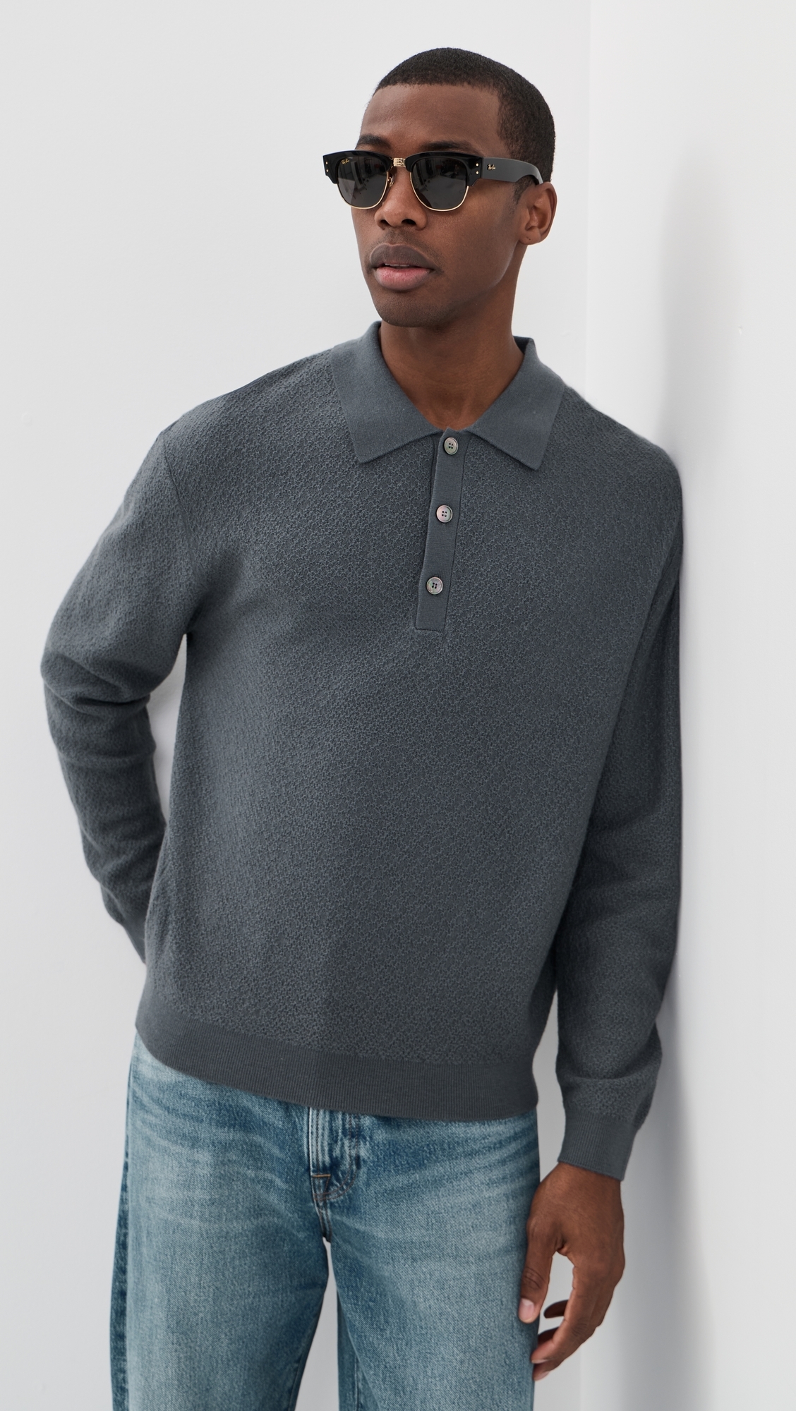 Long Sleeve Polo Sweater Blue Grey