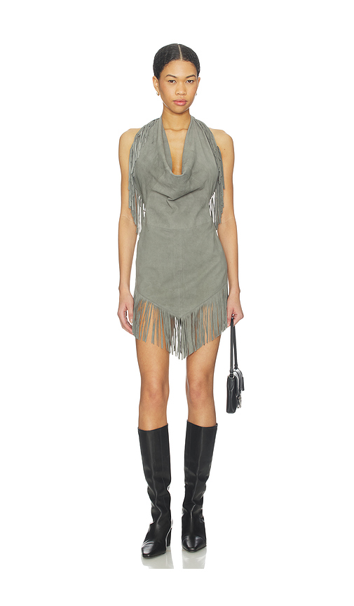 Understated Leather Fringe Mini Dress in Green. XS. Also in