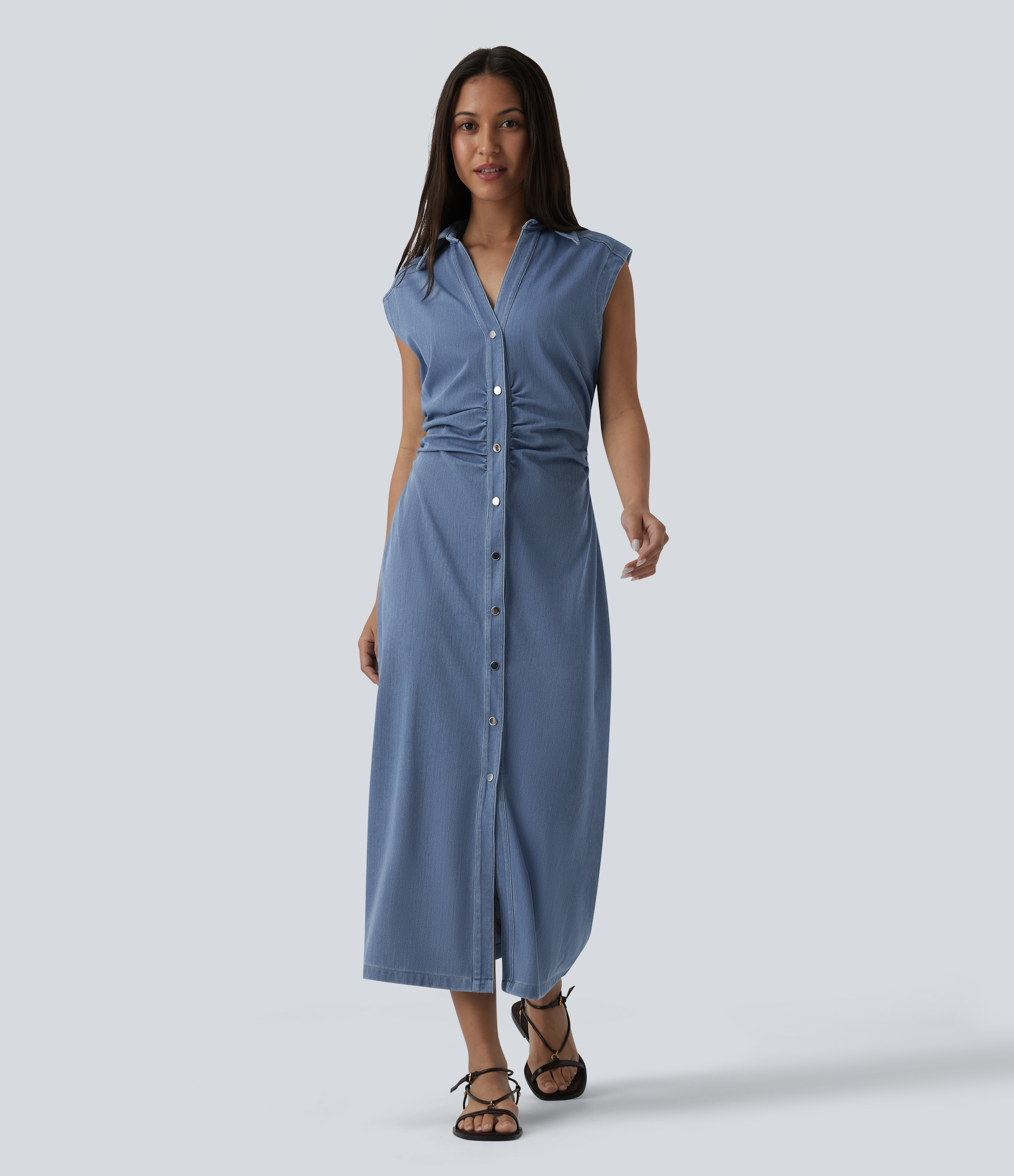 Halara Halara Flex™ V-neck Sleeveless Ruched Button Fly Midi Denim Casual Dress - Malibu Blue Denim - XLregular