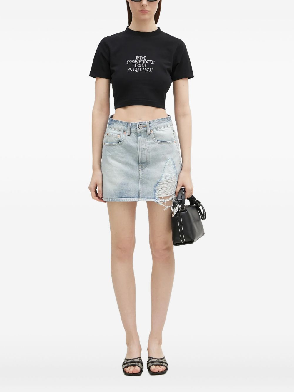 Rhinestone-embellished cropped T-shirt - Black