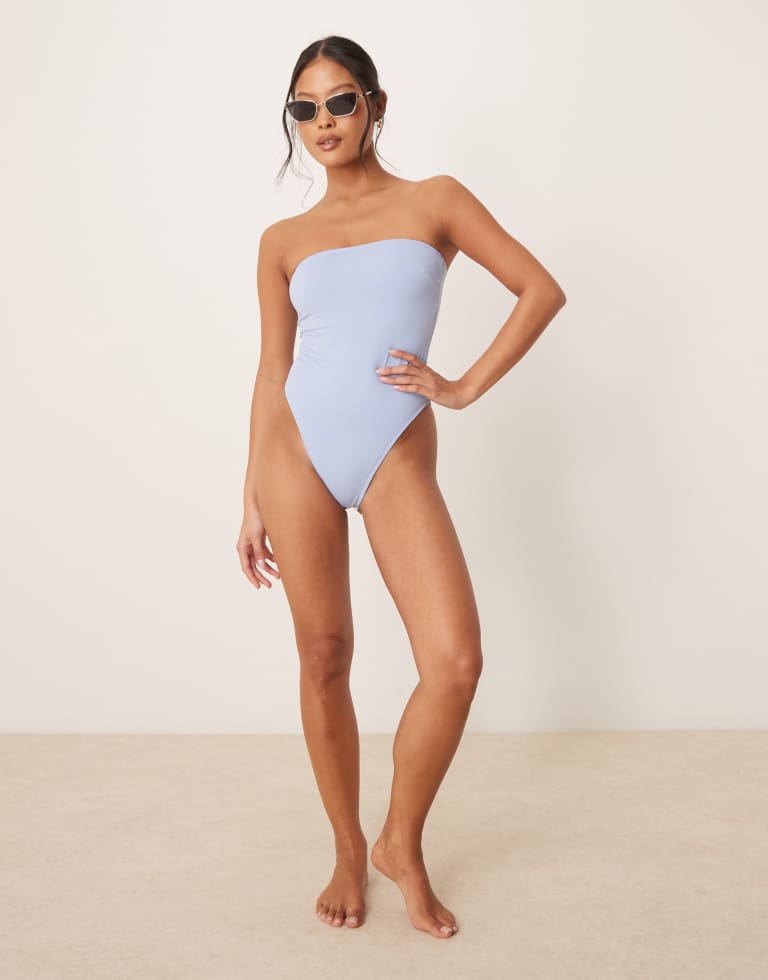 ASOS Petite Womens DESIGN Maya sleek bandeau padded swimsuit in blue - Sky Blue