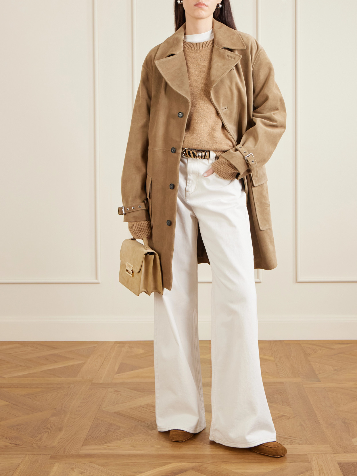 Belted Suede Trench Coat - Brown