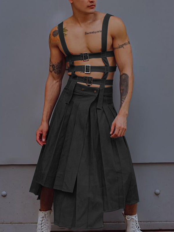 Mens Metal Buckle Irregular Hem Overall Skirt SKUK15242 - Black / S