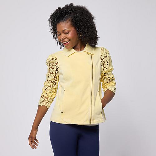 C Wonder Lace Sleeve Moto Jacket - Yellow