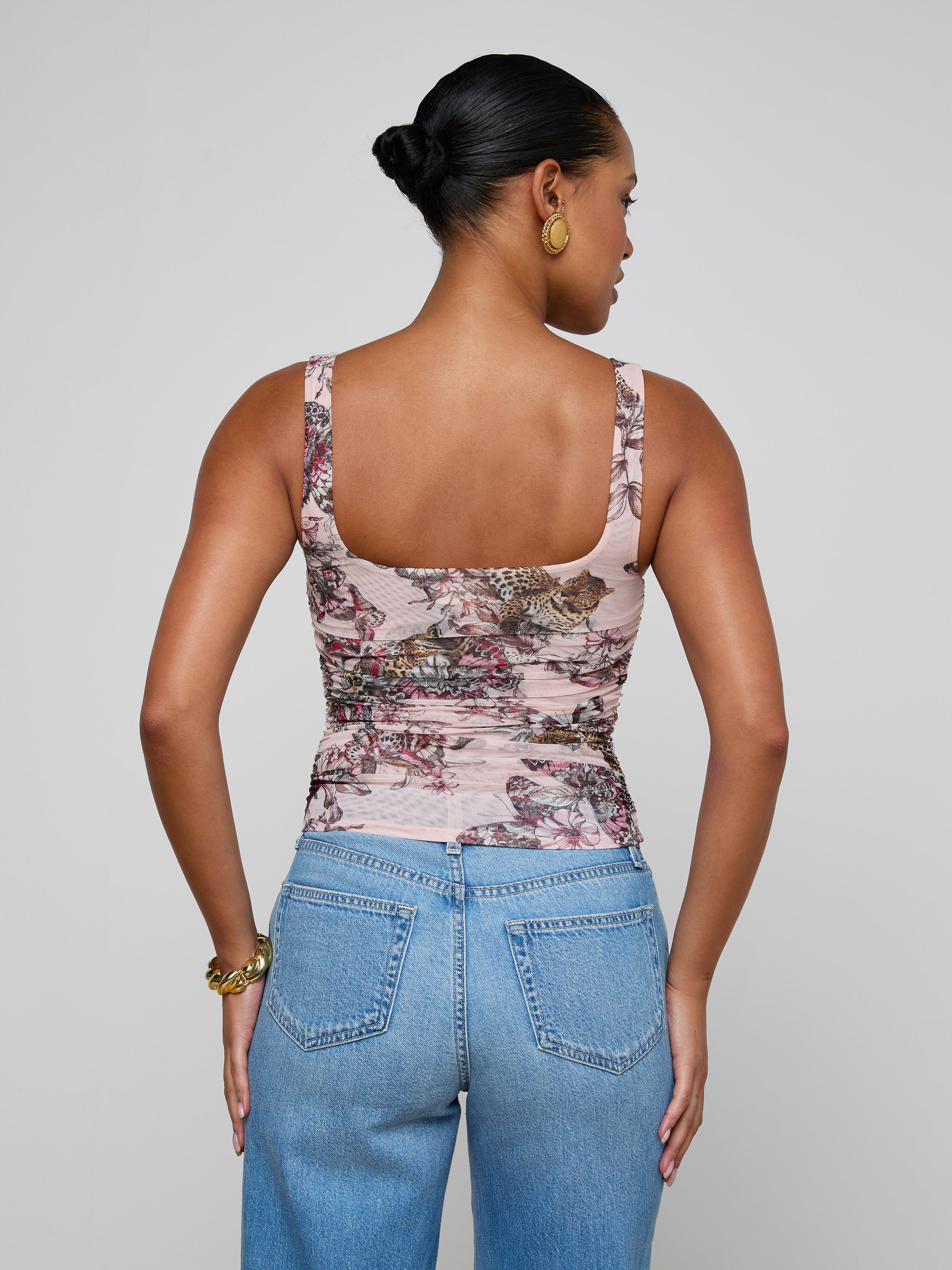Rasha Shirred Mesh Tank Top In Light Nectar Pink Small Multi Butterfly Jungle