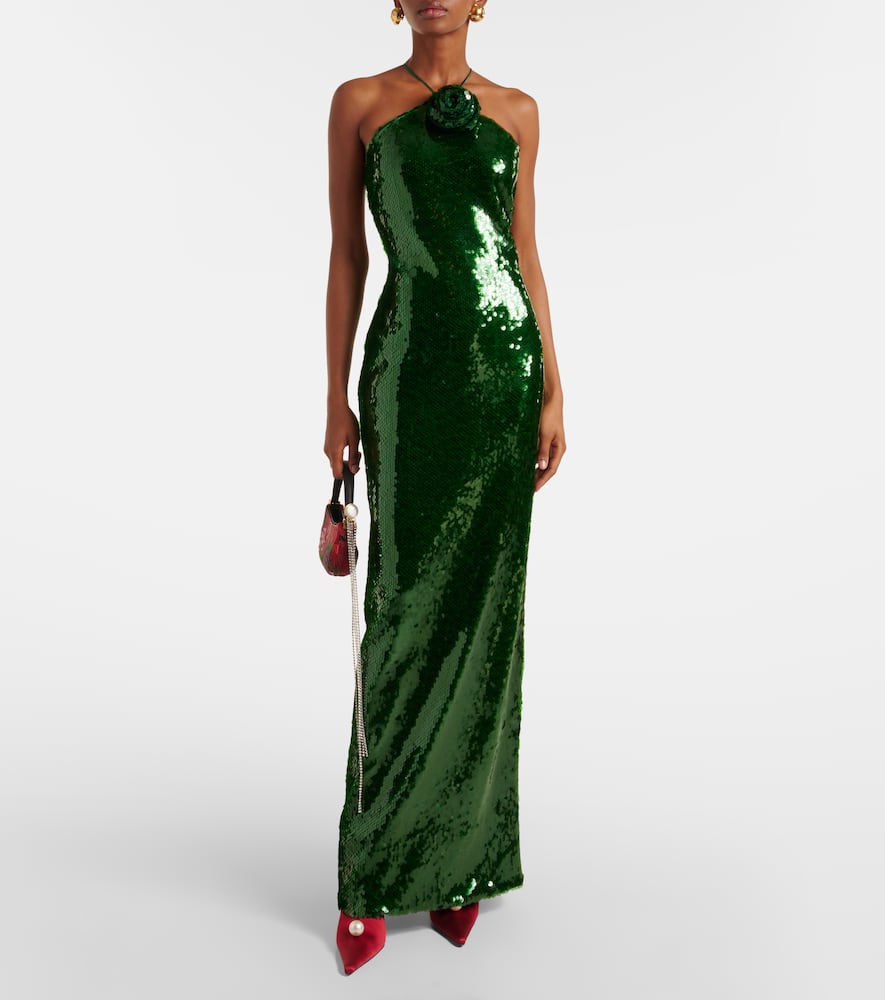 Floral-appliqué sequined halterneck gown