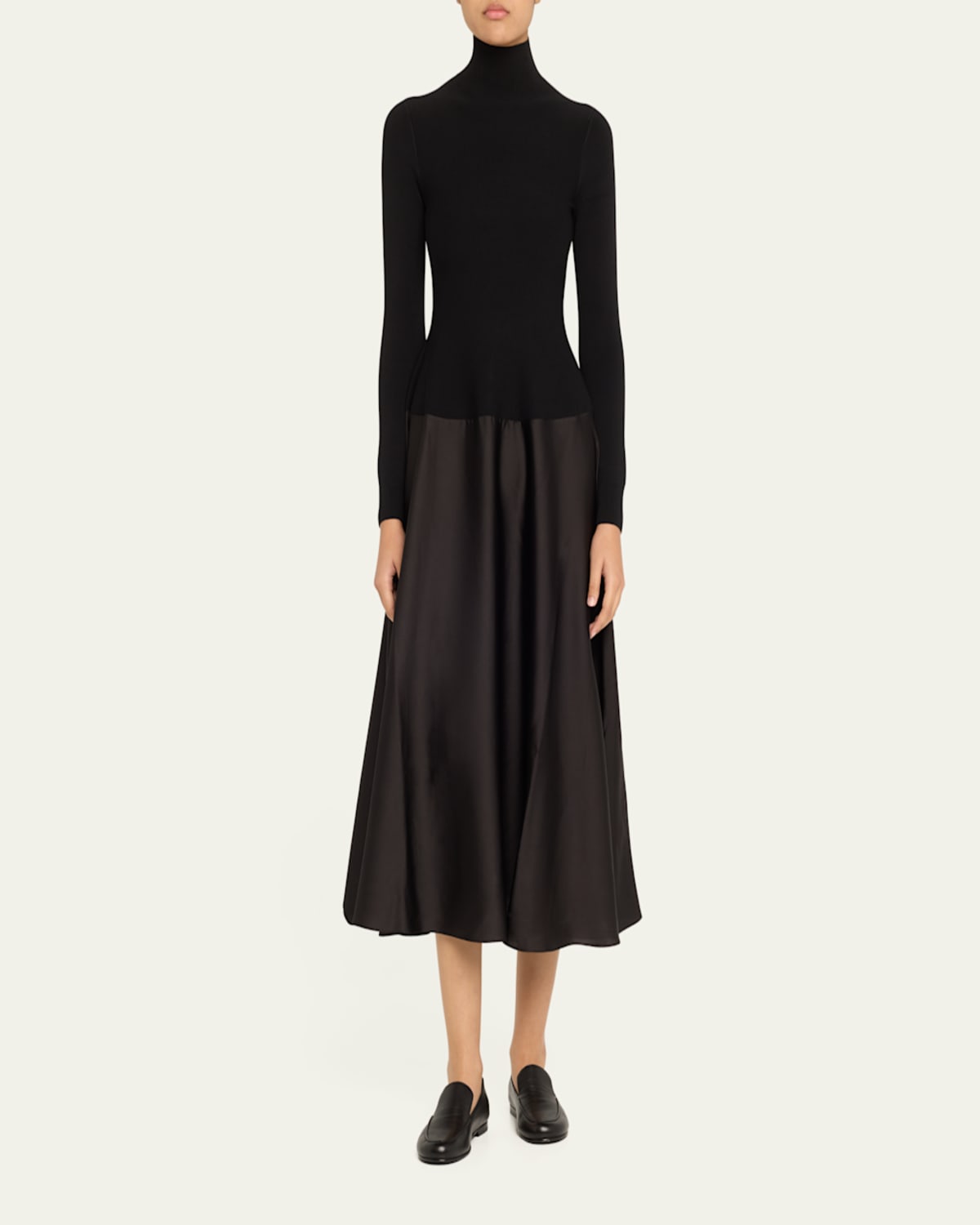 Frances Long-Sleeve Satin Combo Midi Dress