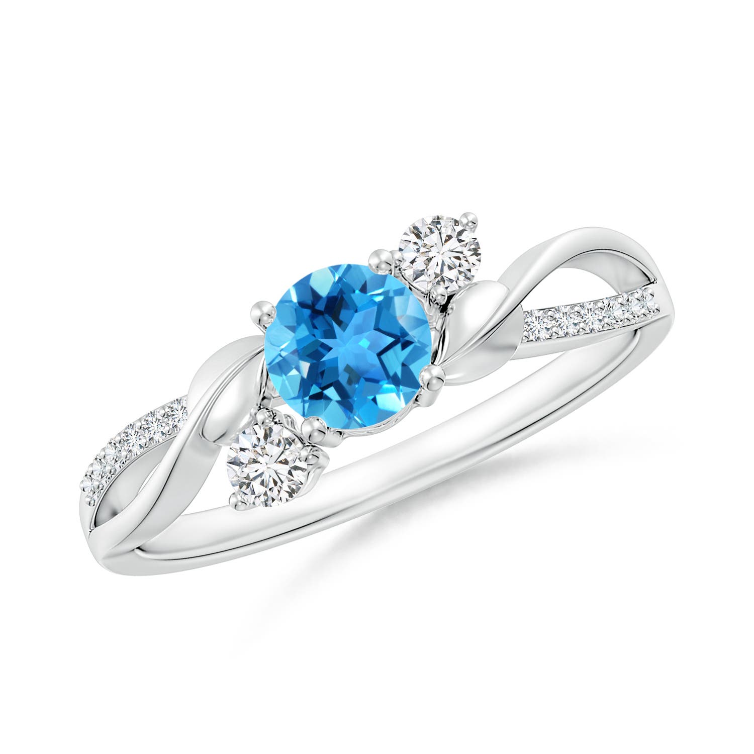 Angara 0.6 Carat Swiss Blue Topaz and Diamond Twisted Vine Ring in Platinum