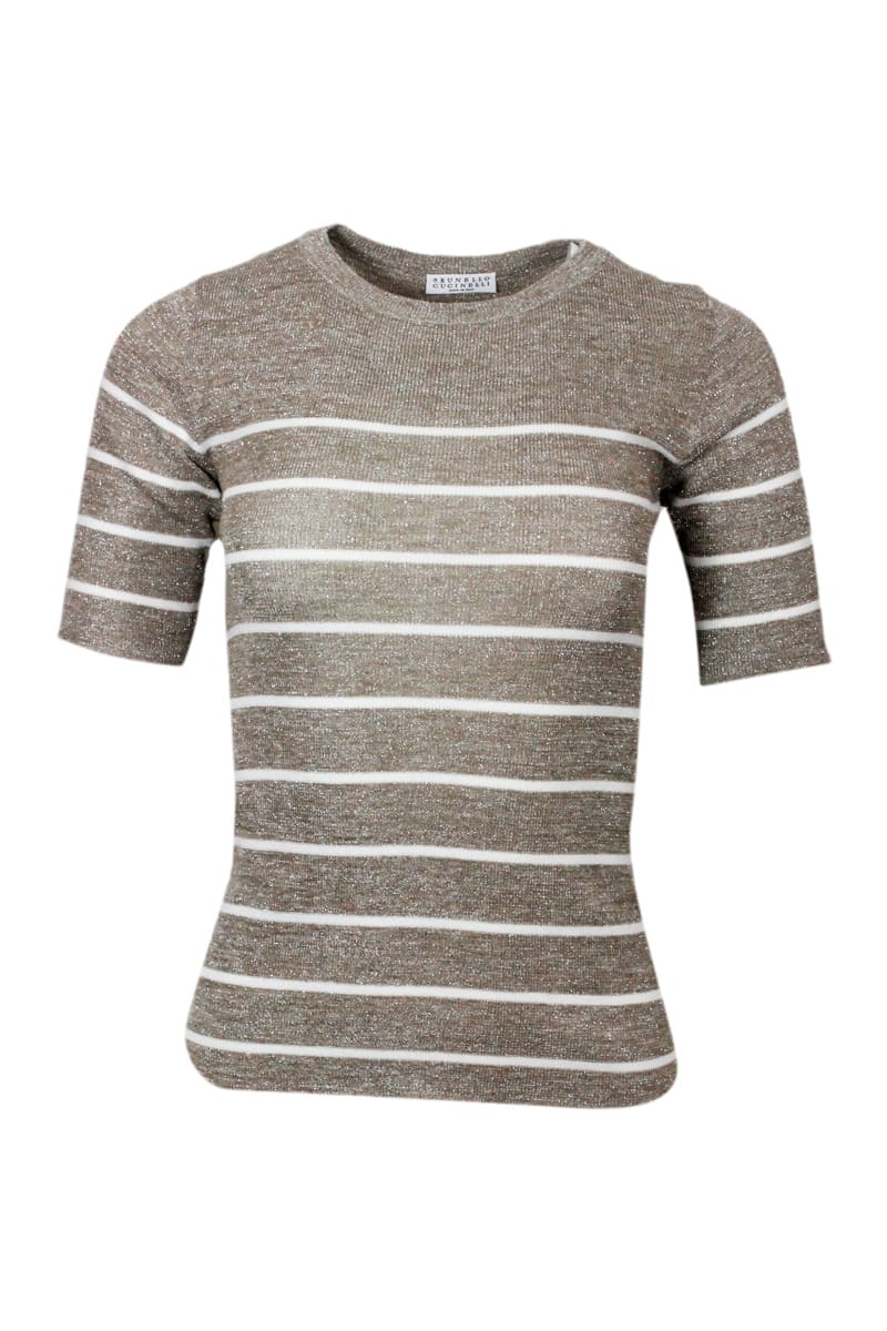 Striped short-sleeve knitted top - Neutrals