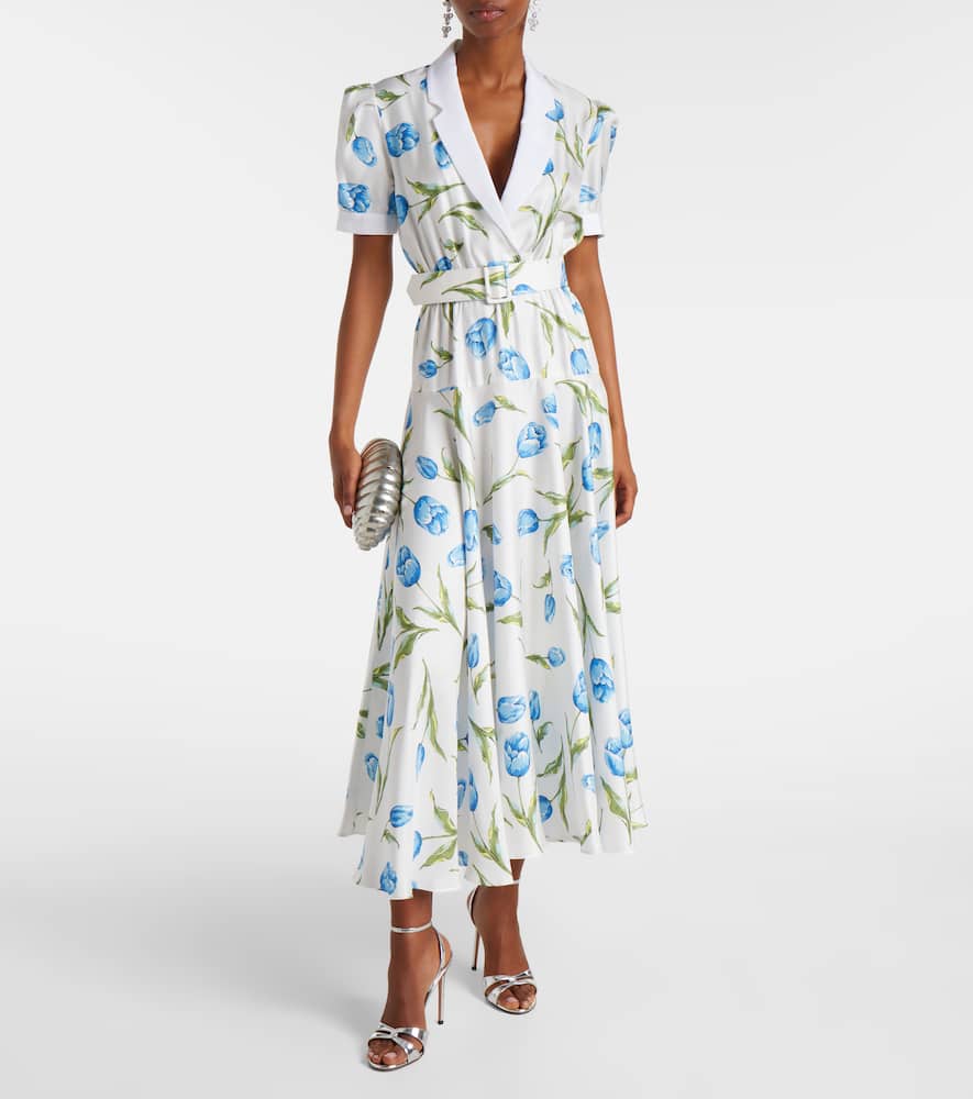 Belted floral silk twill midi dress