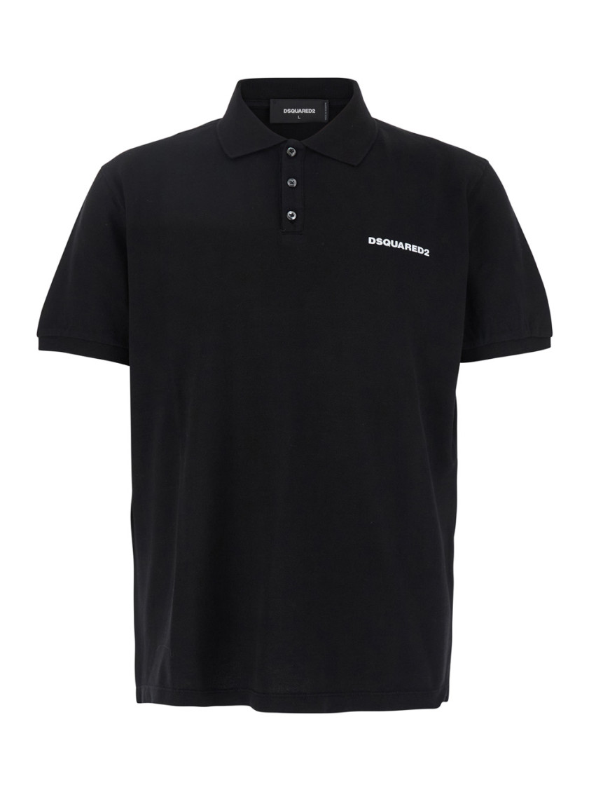 Black Polo Shirt With Classic Collar And Logo Lettering On The Front In Cotton Woman