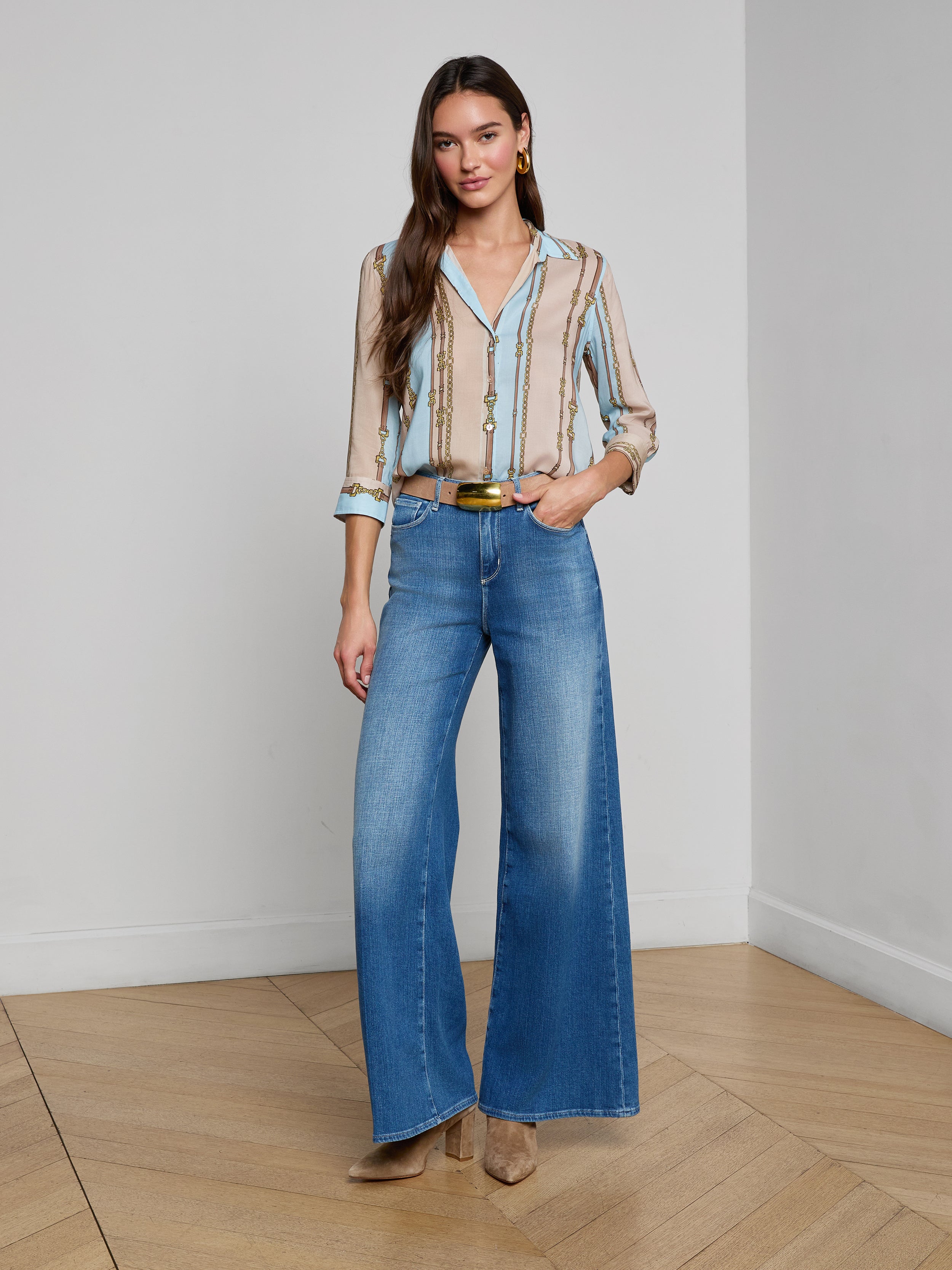 Camille Blouse Top In Taupe/light Sage Belt Stripe