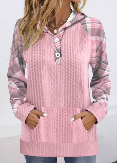 Modlily Pink Button Plaid Long Sleeve Hoodie