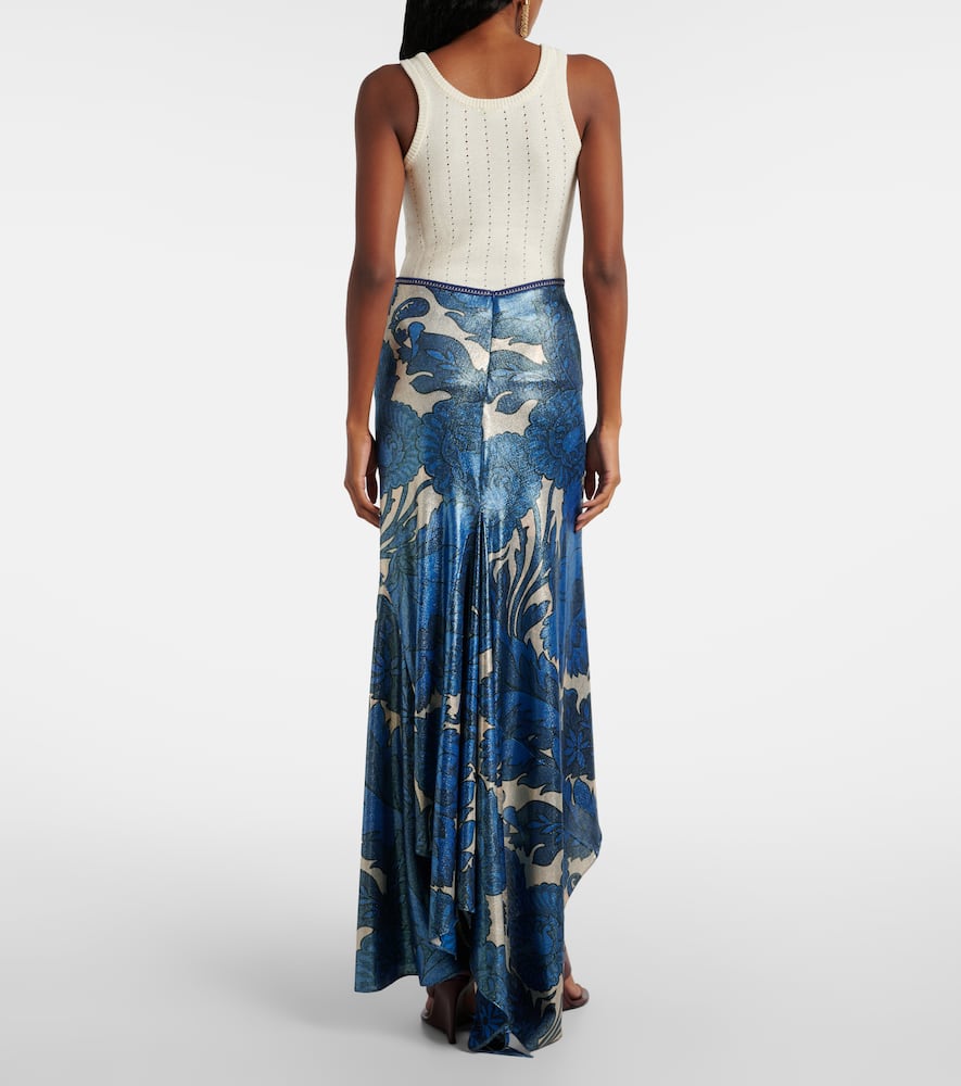 Printed asymmetric lamé maxi skirt