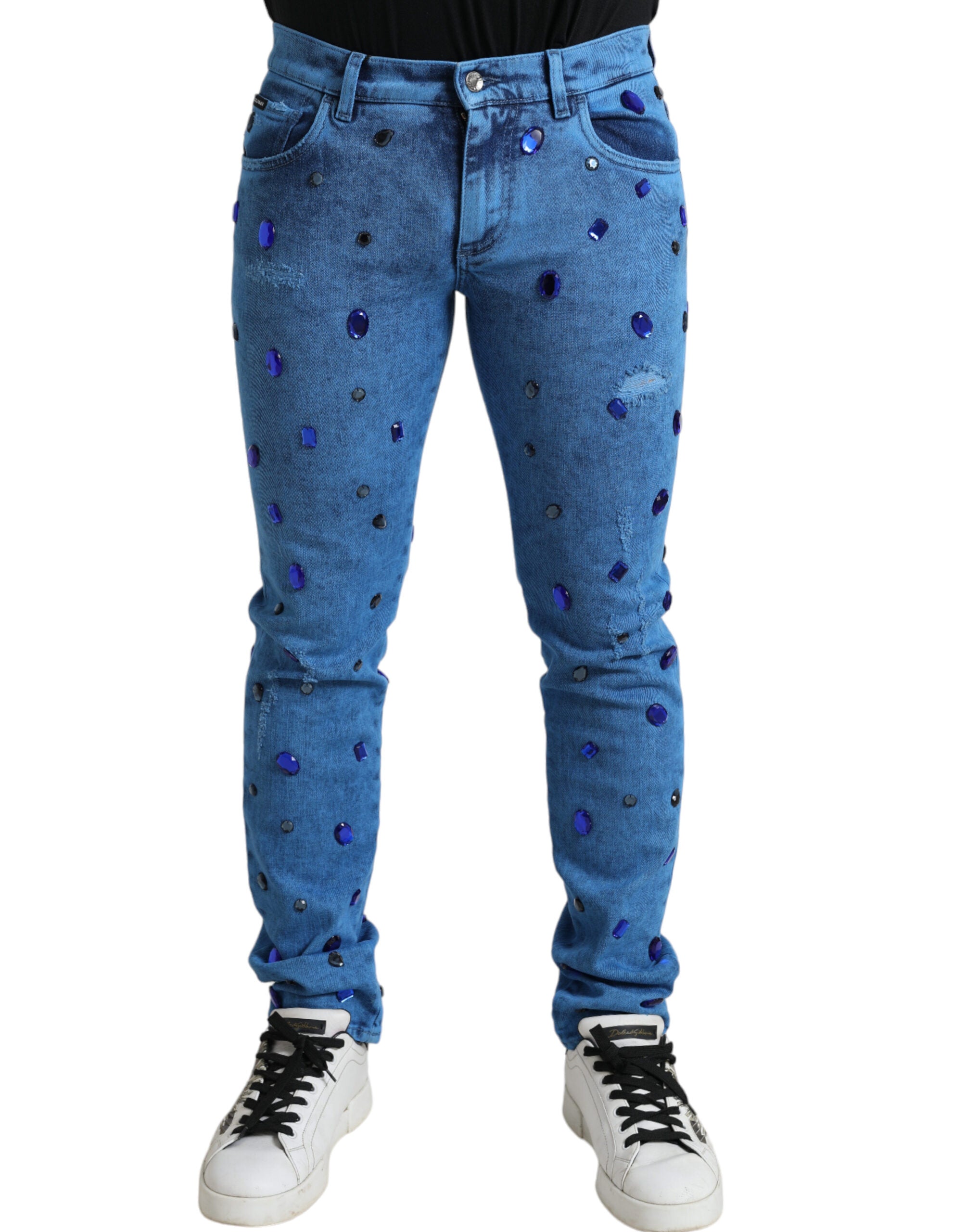 Crystal-Embellished Skinny Jeans — Blue