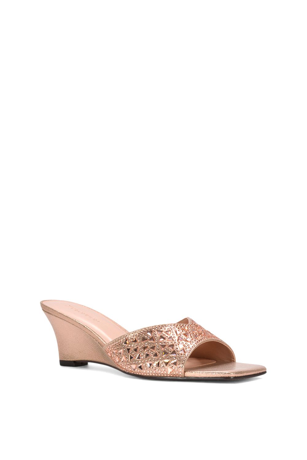XY London Women's 'Georgia' Wedge Heel Diamante Square Peep Toe Heeled Mule Sandals in Rose Gold