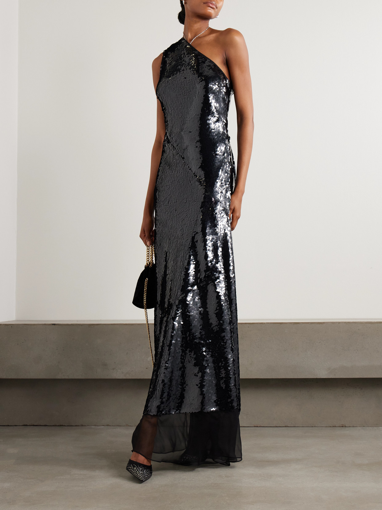 One-shoulder Chiffon-trimmed Sequined Tulle Gown - Black