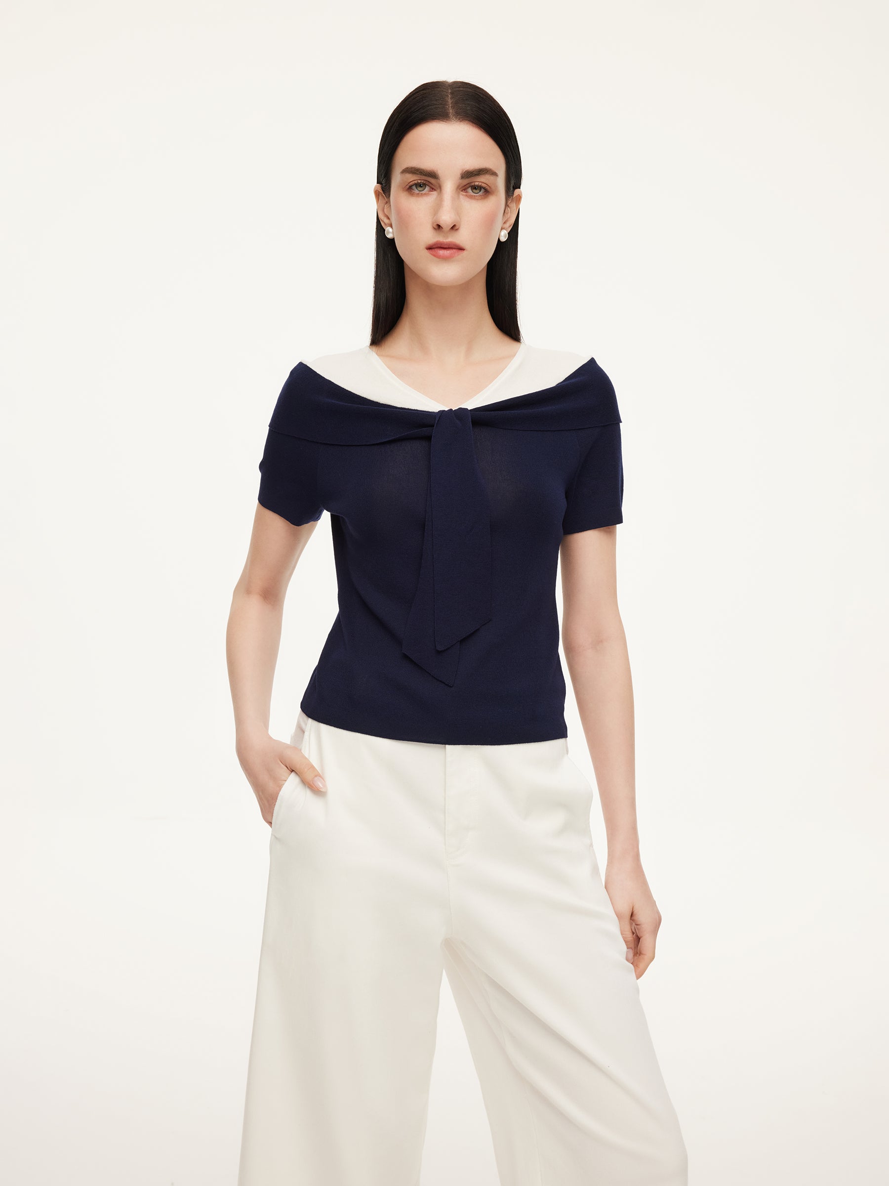 [Preview] Tencel Blend Color Block Tie Front Women Knit Top