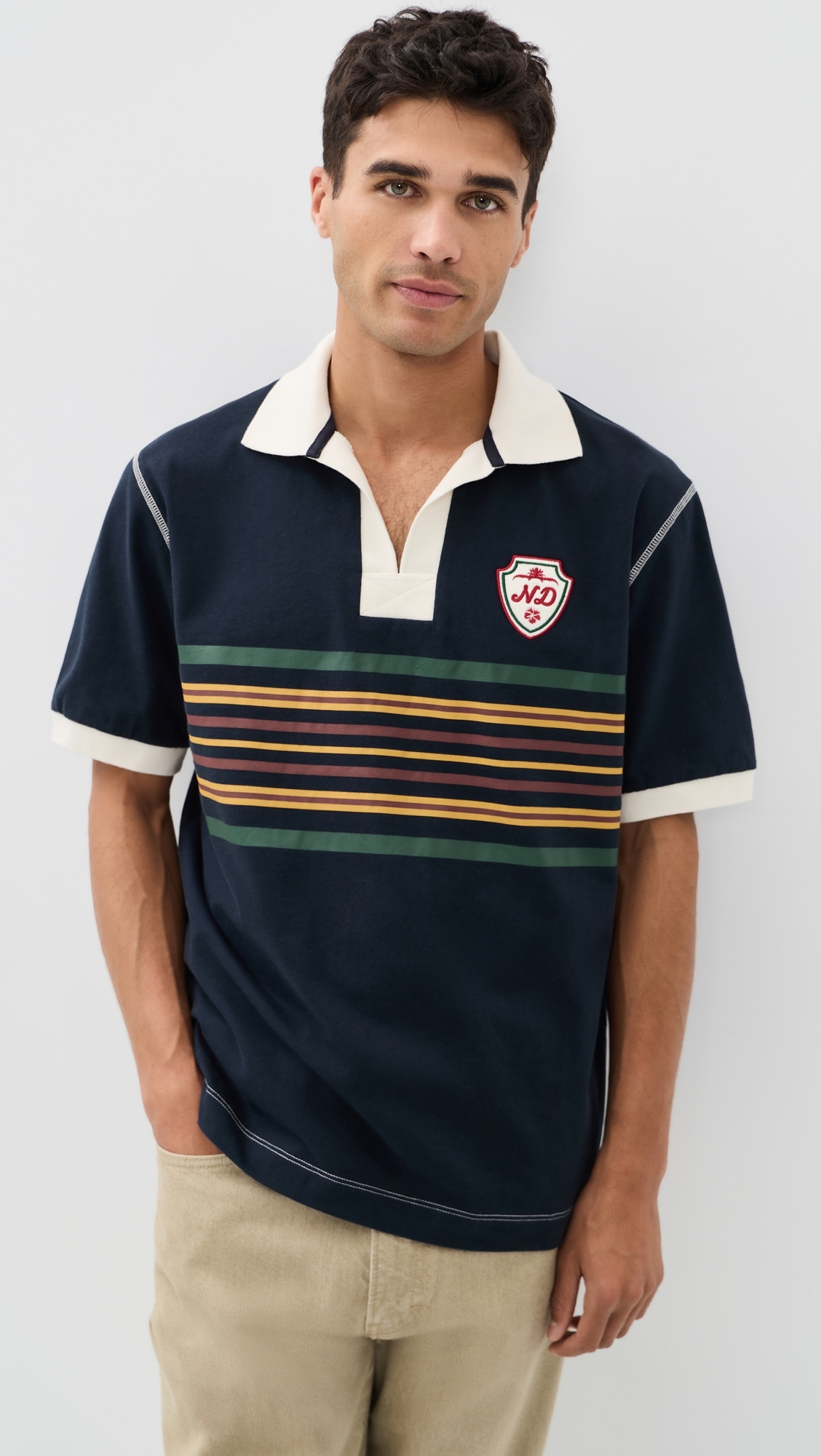 Short Sleeve Striped Rugby Polo Navy