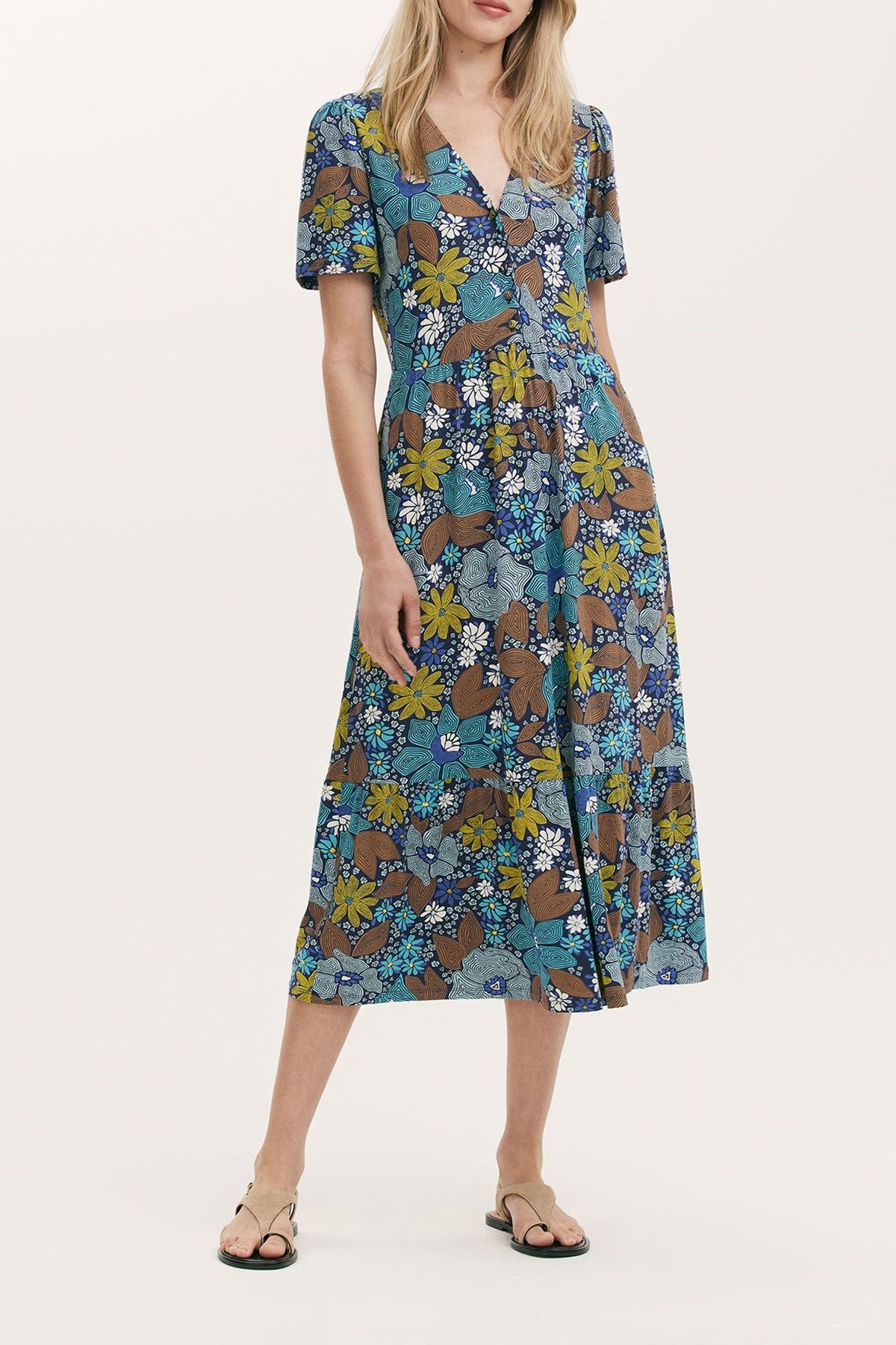 Finery London Edith Floral Jersey Midi Dress In Navy