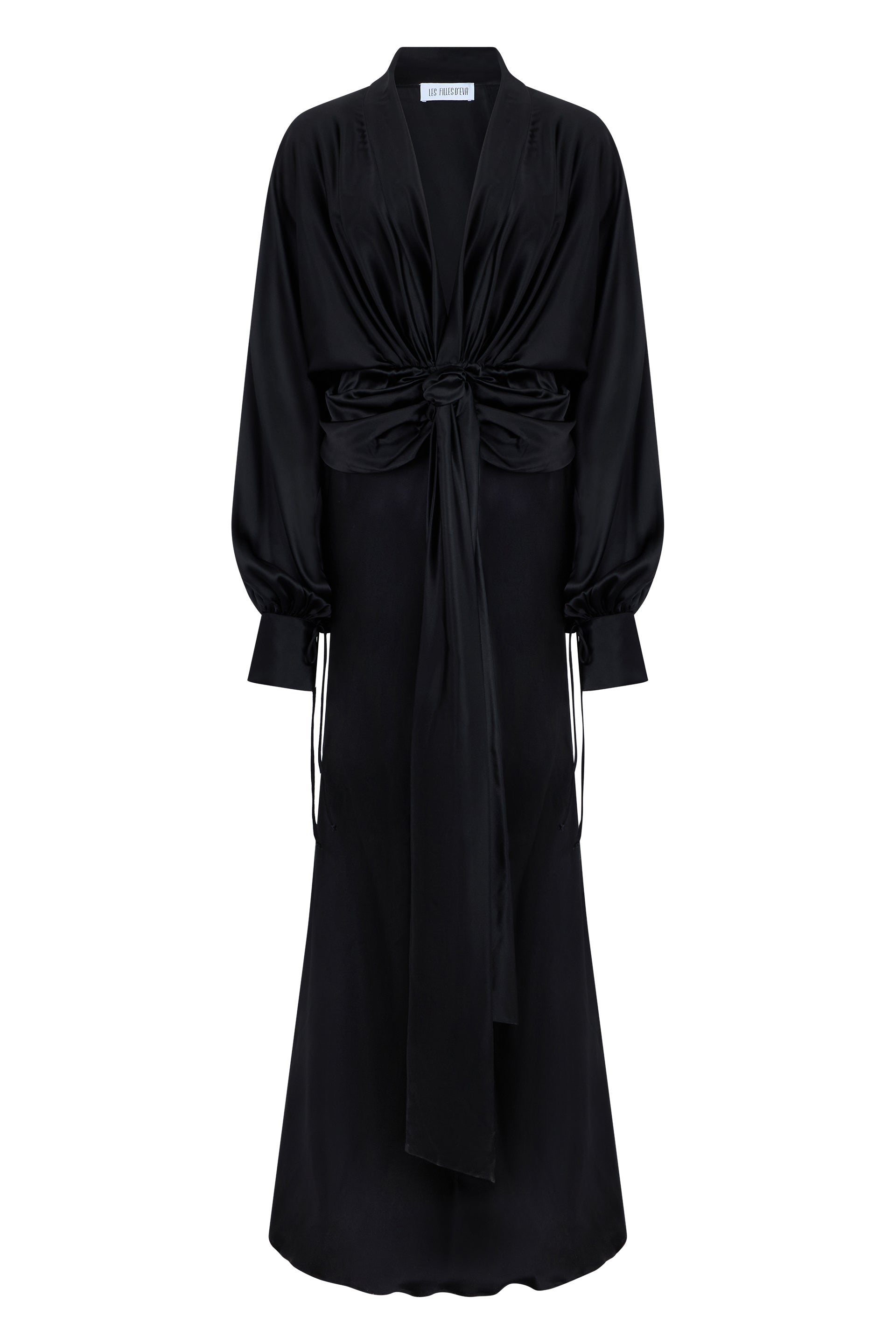 Long Draped Satin Evening Dress with Wide Neckline and Long Sleeves