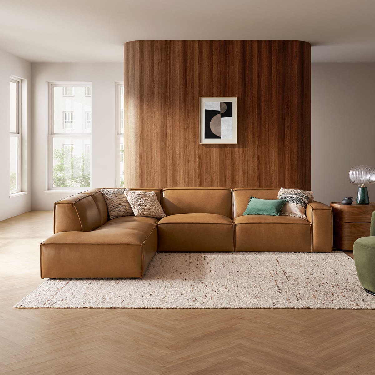 Brown Top Grain Leather Extended Left Side Chaise Sectional for Living Room, Modern Modular Seating,