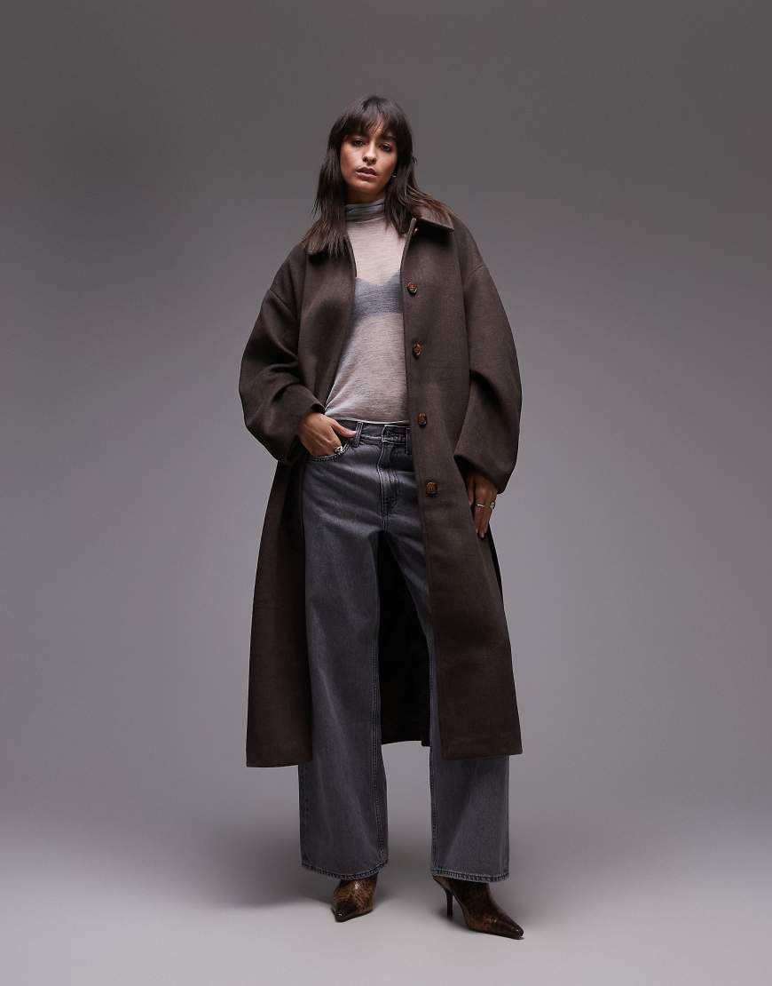 Topshop belted long line formal coat in brown-Multi