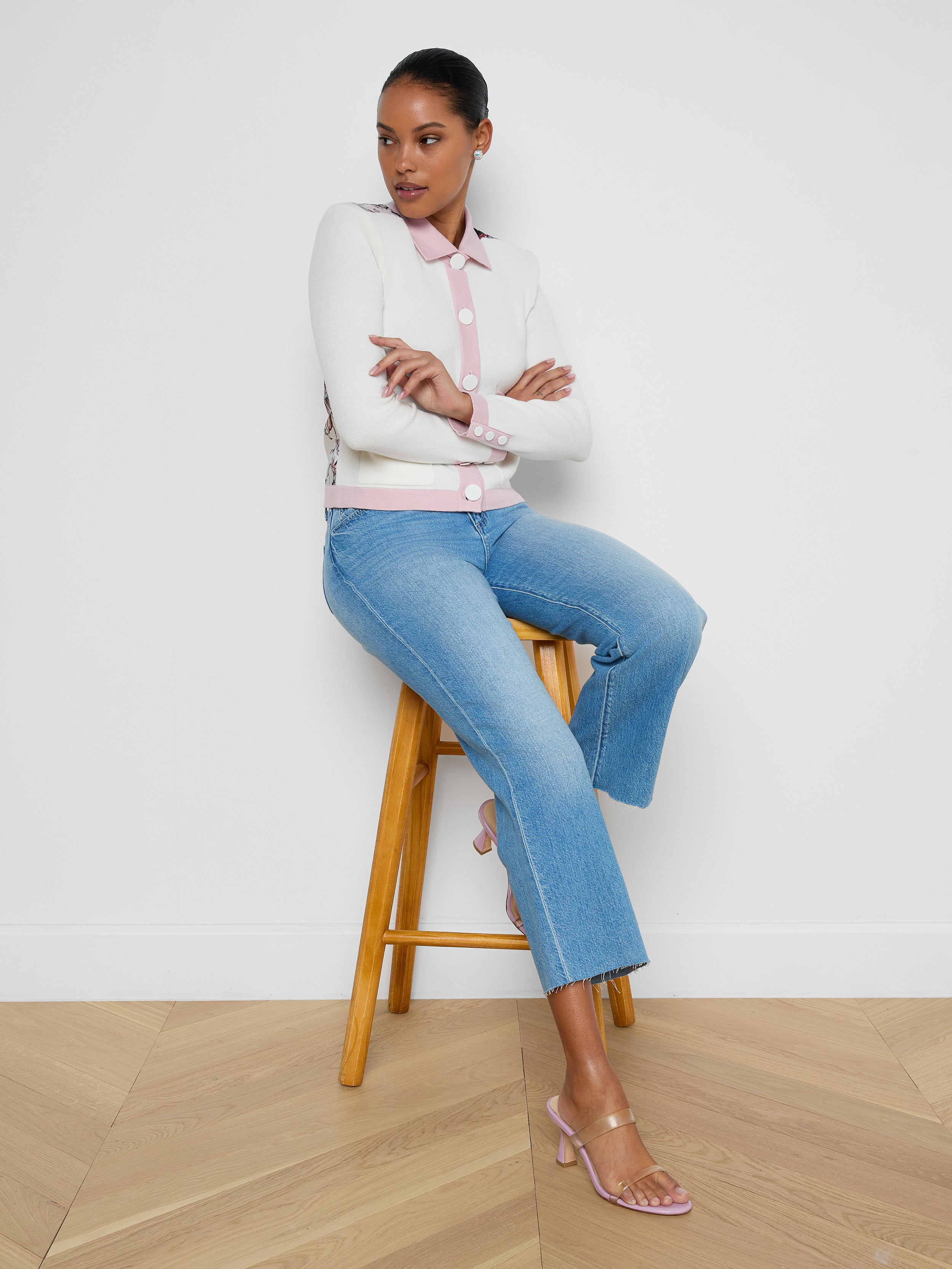 Nomi Satin Back Cardigan In Ivory/pink/multi Butterfly Jungle
