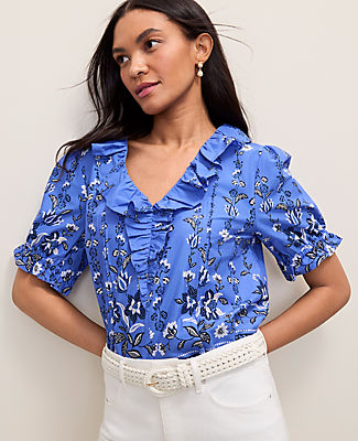 Ann Taylor Weekend Floral Ruffle Trim Blouse