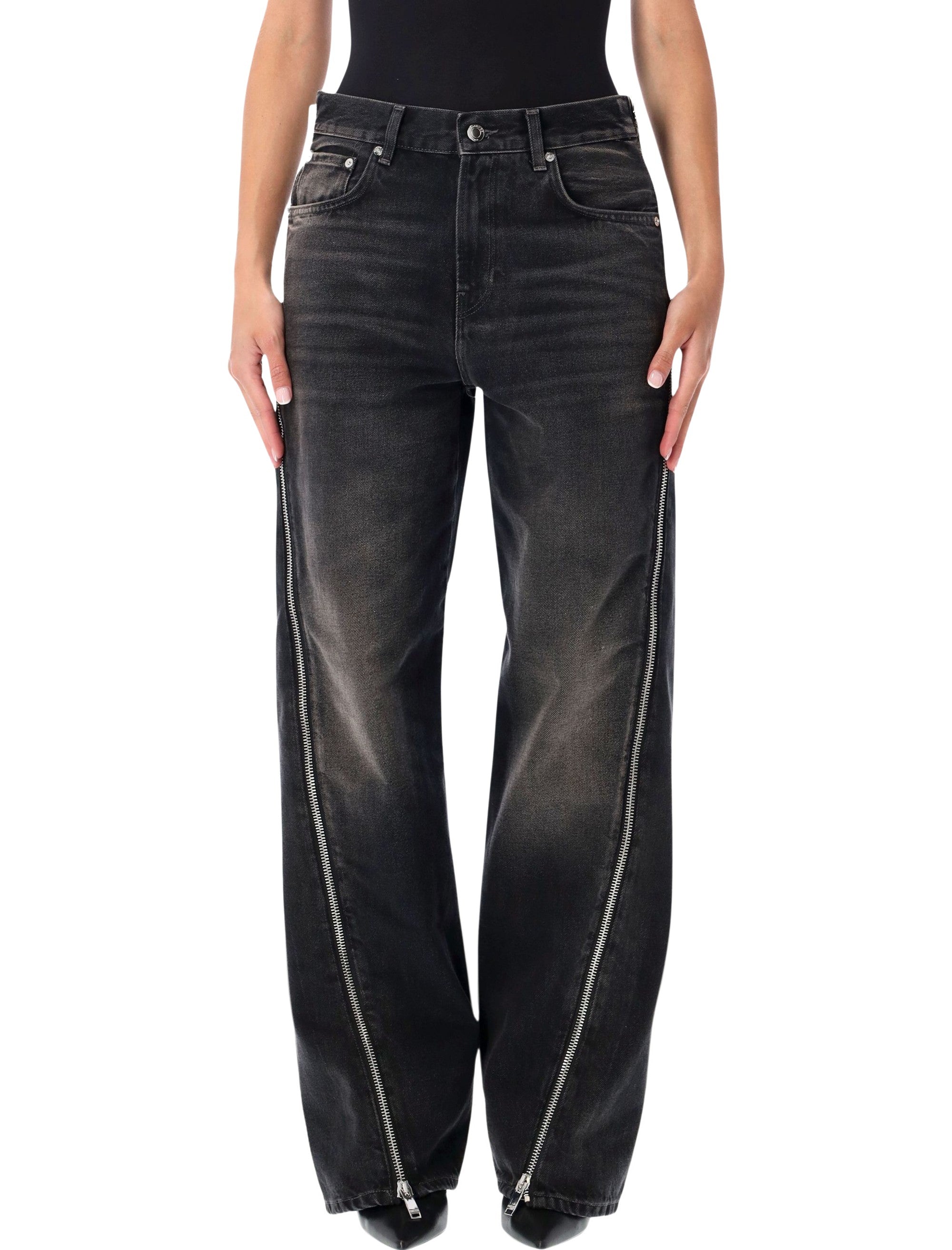 Washed Boyfriend Zip Jeans with Loose Straight Leg