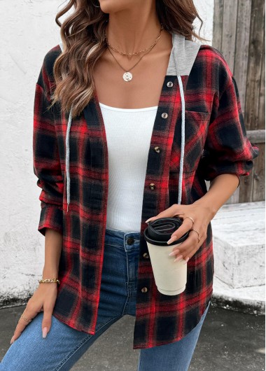 Modlily Red Drawstring Plaid Long Sleeve Hoodie