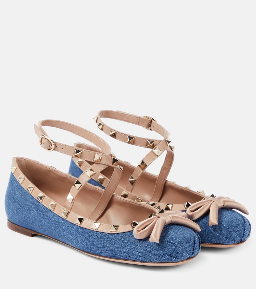 Rockstud leather-trimmed denim ballet flats