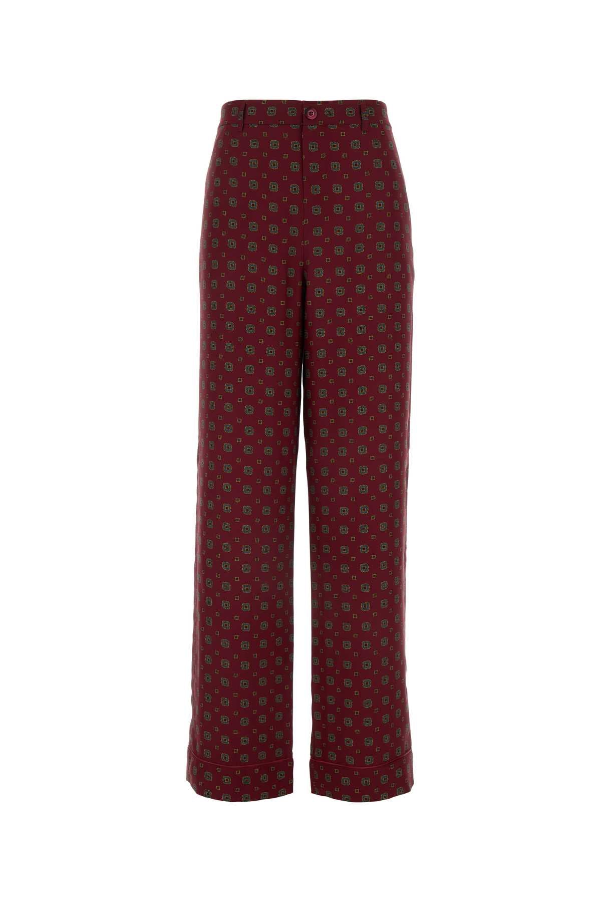 Geometric-Printed Silk Trousers — Burgundy